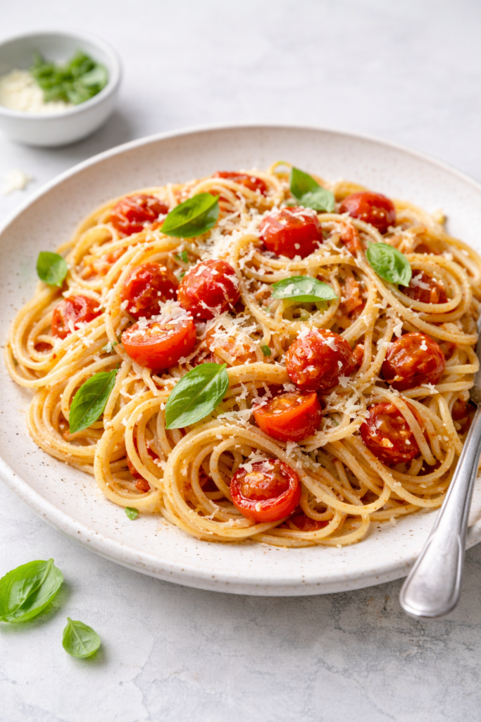 Makaron z pomidorami, czosnkiem i oliwą z oliwek