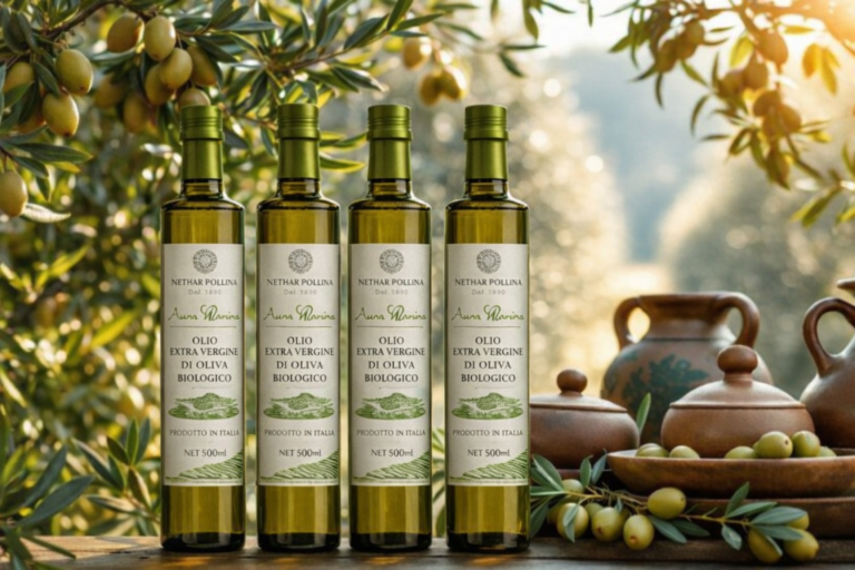 Butelki oliwy extra virgin z Sycylii w naturalnym otoczeniu