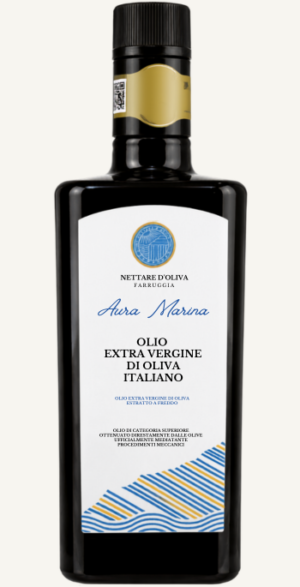 Oliwa extra vergine Aura Marina z Sycylii w czarnej butelce